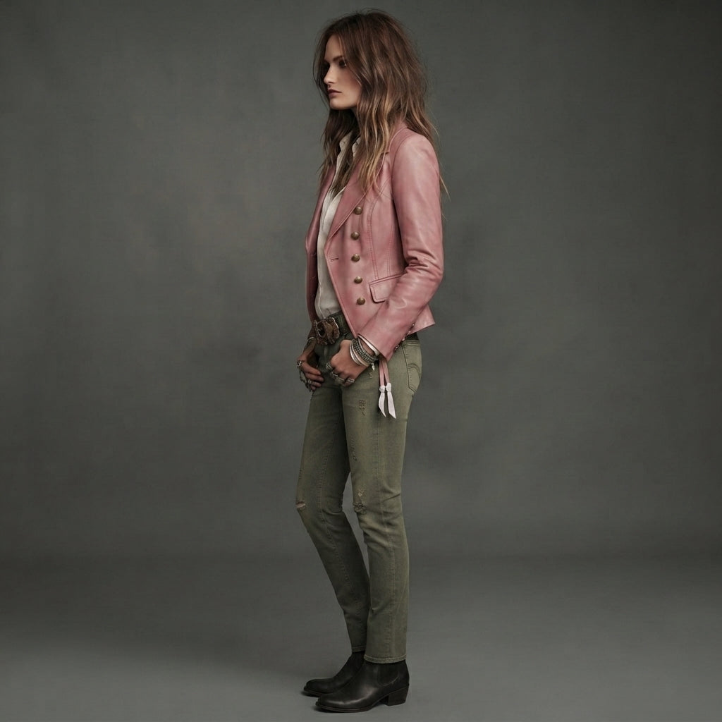 Women's Rose Pink Distressed Military Leather Blazer