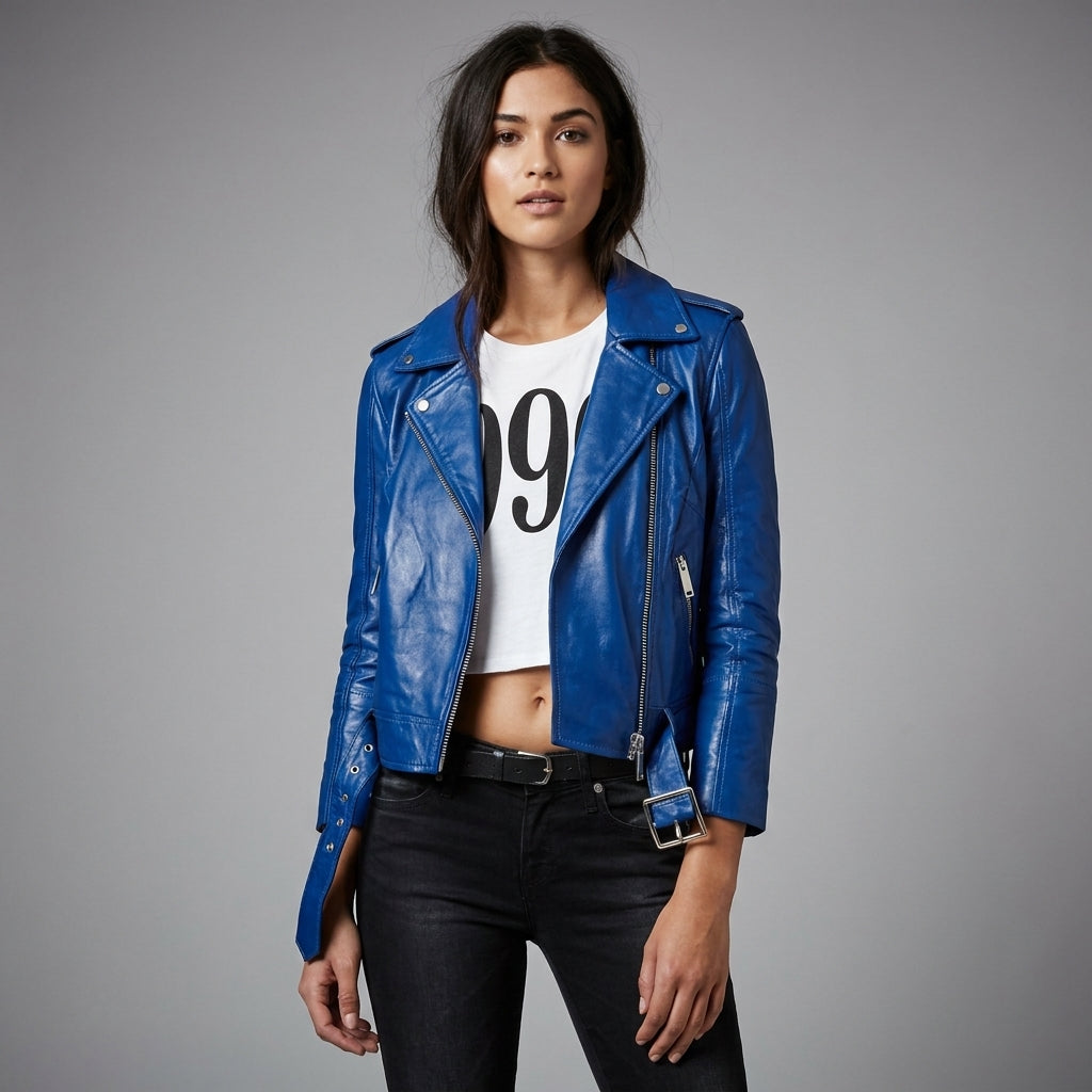 Women's Royal Blue Cropped Leather Biker Jacket