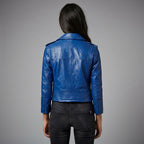 Women's Royal Blue Cropped Leather Biker Jacket