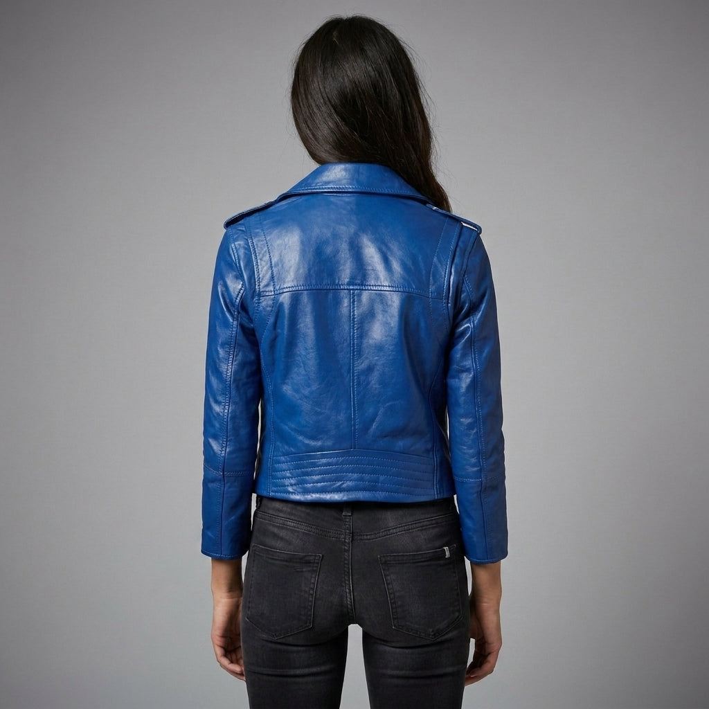 Women's Royal Blue Cropped Leather Biker Jacket