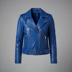 Women's Royal Blue Cropped Leather Biker Jacket