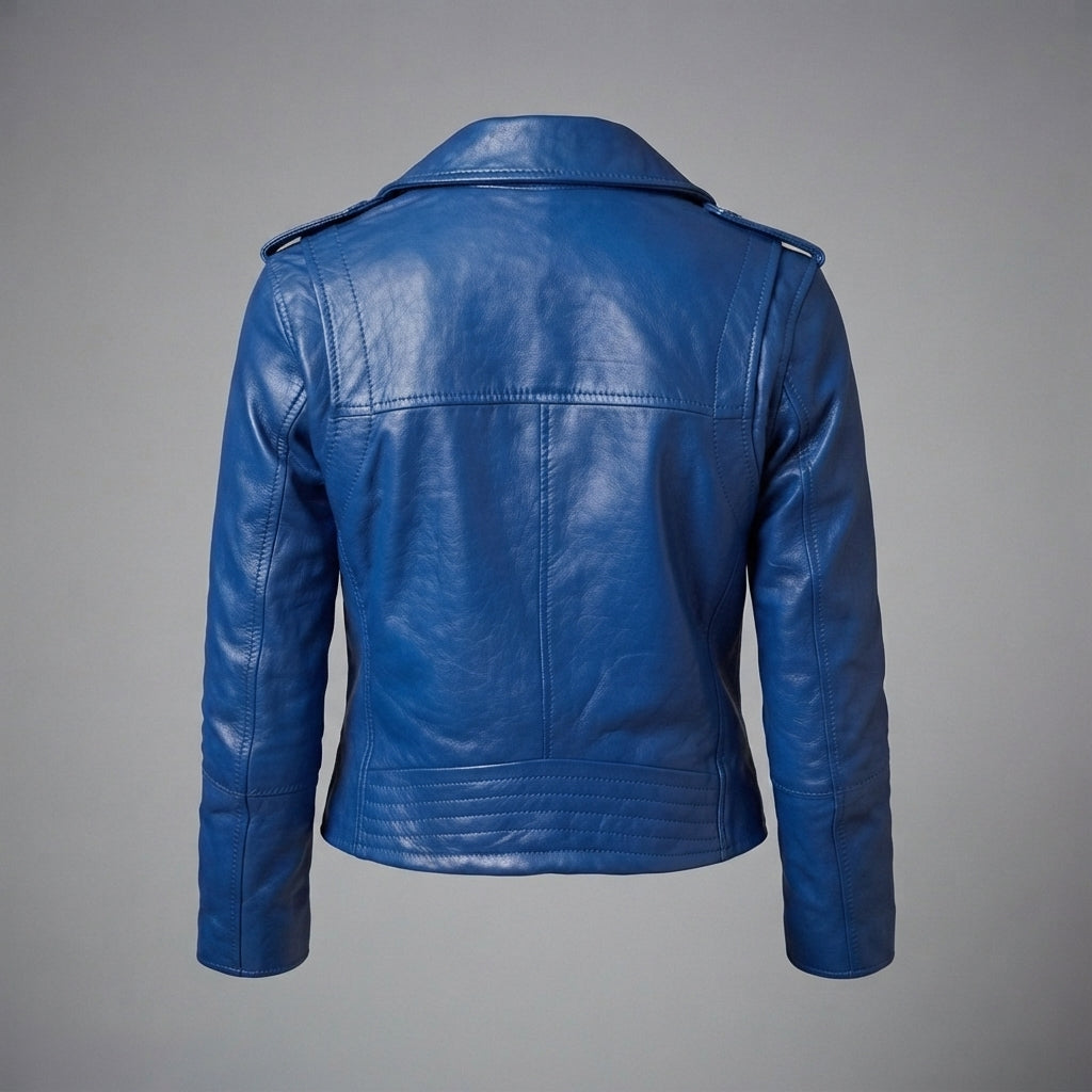 Women's Royal Blue Cropped Leather Biker Jacket