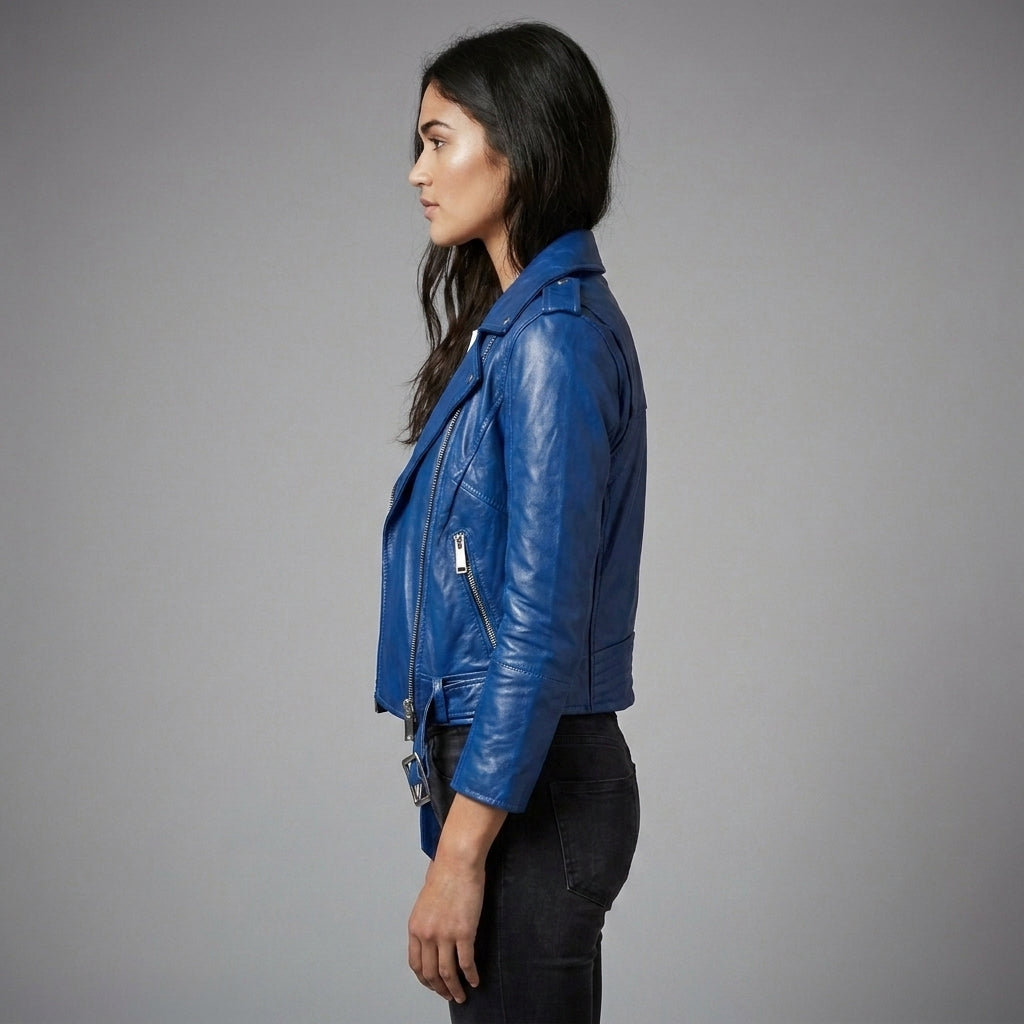 Women's Royal Blue Cropped Leather Biker Jacket