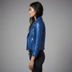 Women's Royal Blue Cropped Leather Biker Jacket