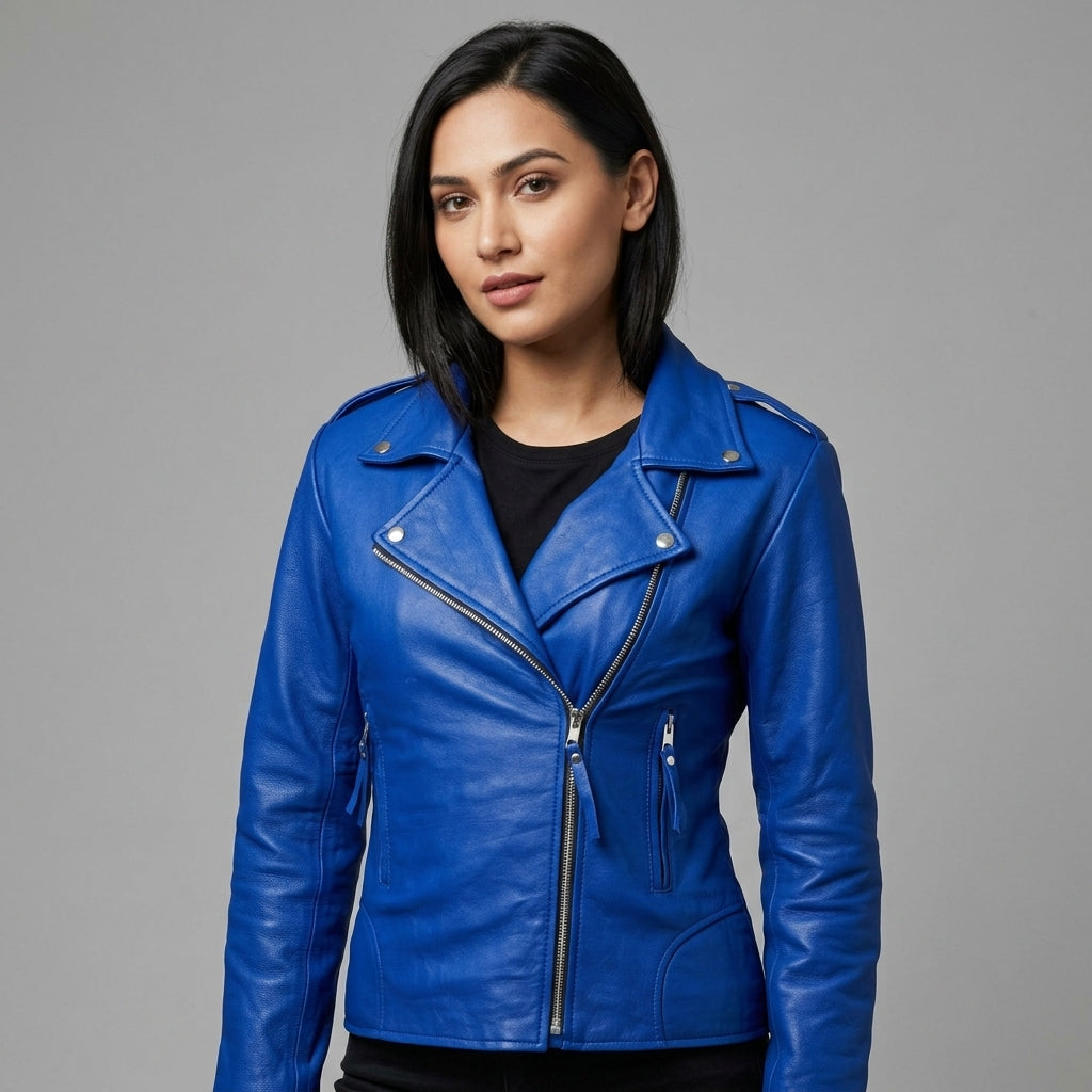 Women's Royal Blue Leather Biker Jacket