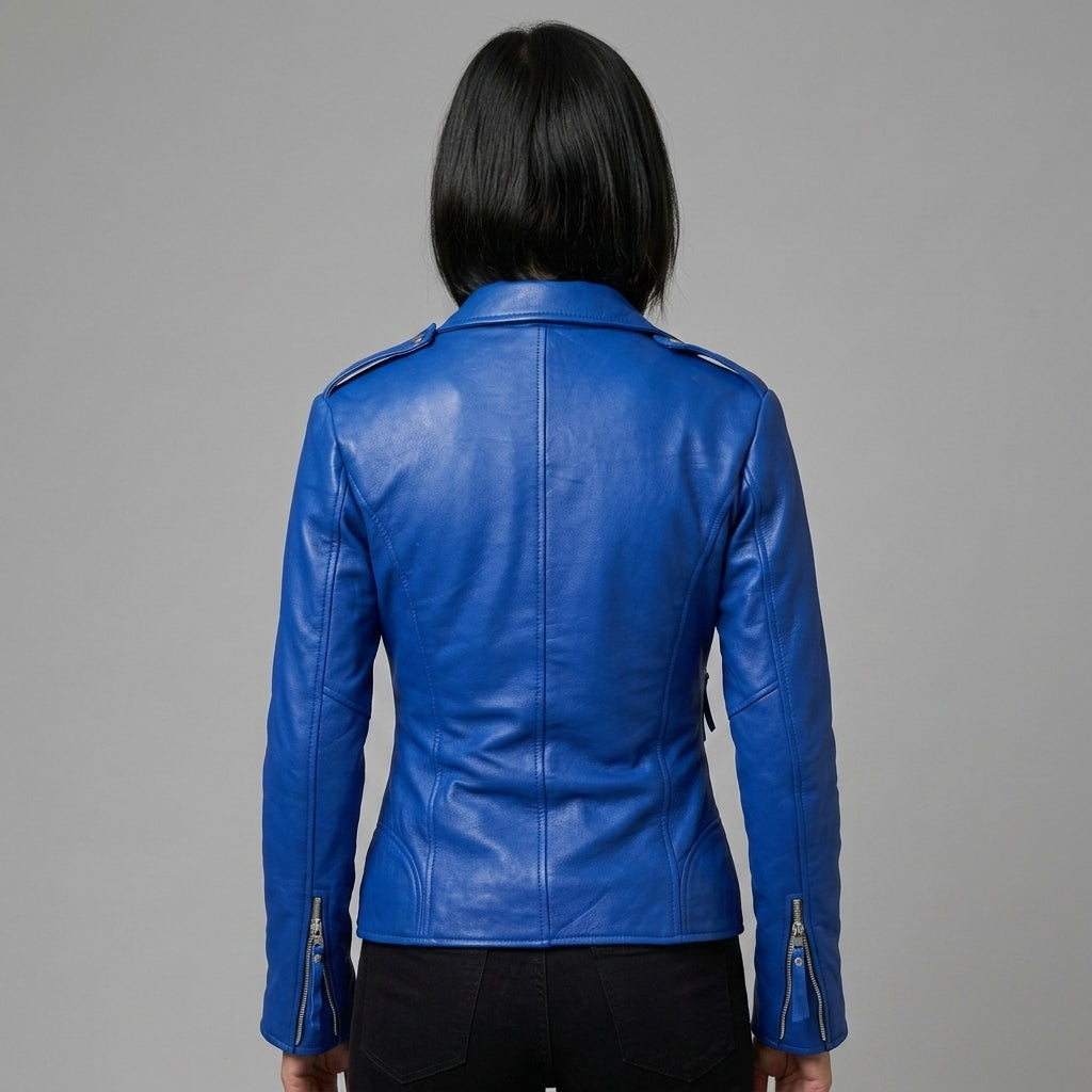 Women's Royal Blue Leather Biker Jacket