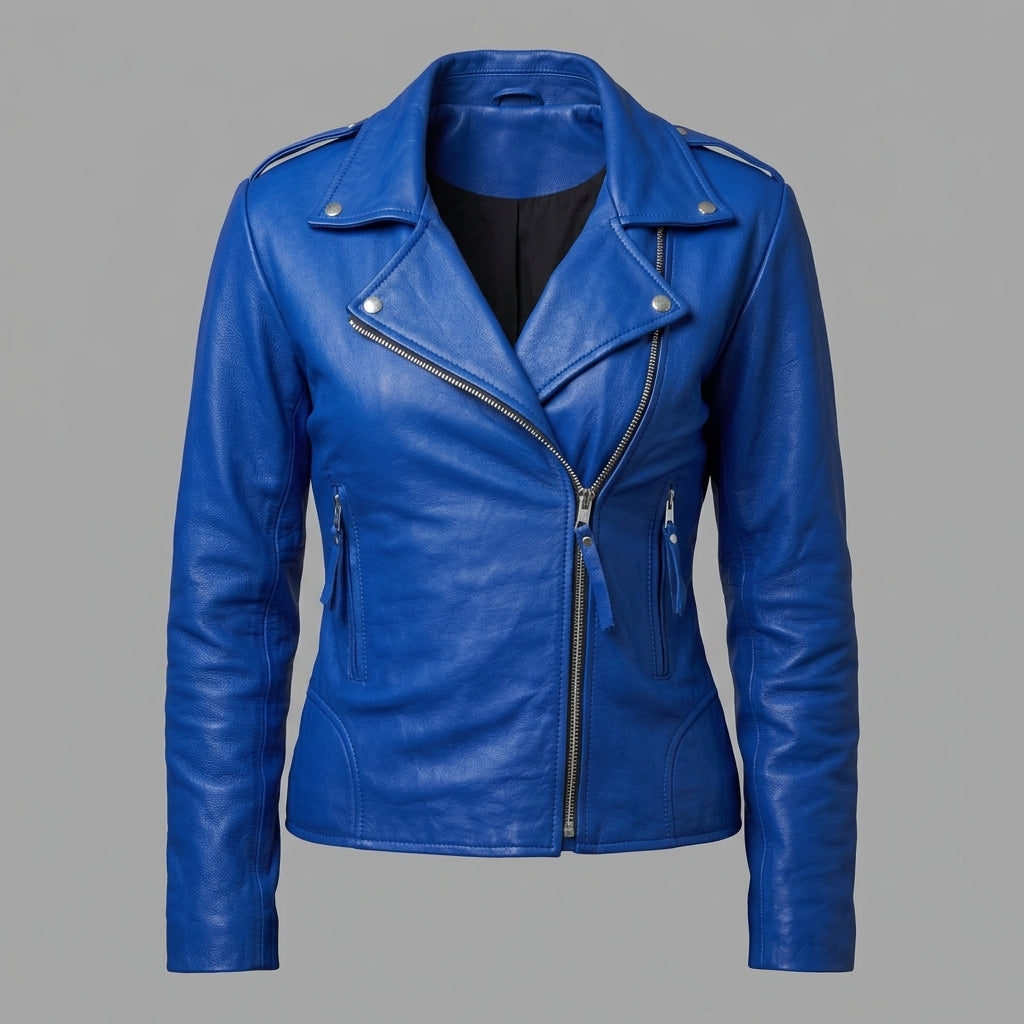 Women's Royal Blue Leather Biker Jacket