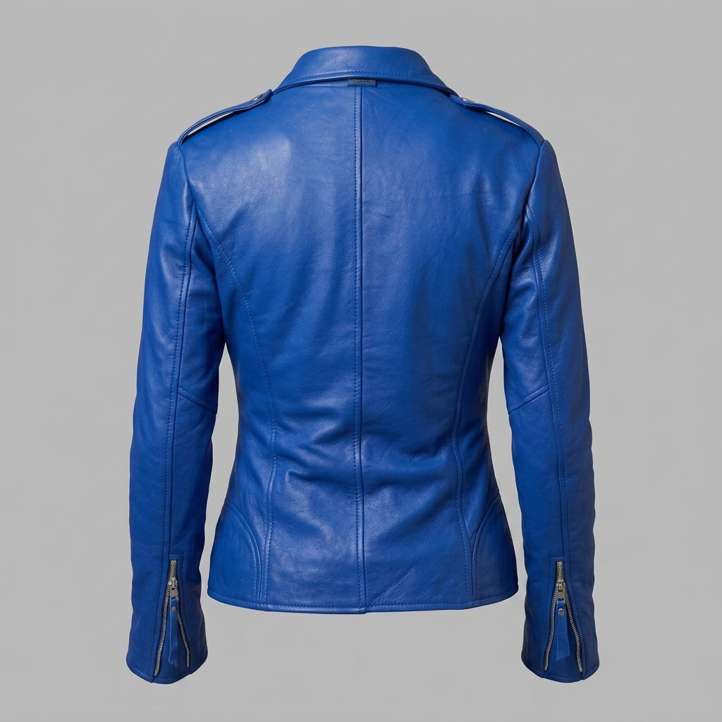 Women's Royal Blue Leather Biker Jacket