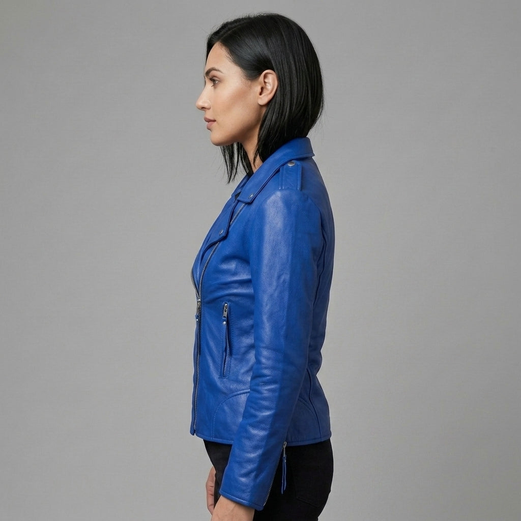 Women's Royal Blue Leather Biker Jacket