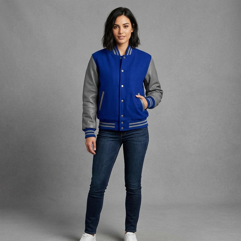 Women's Royal Blue & Grey Leather Varsity Jacket
