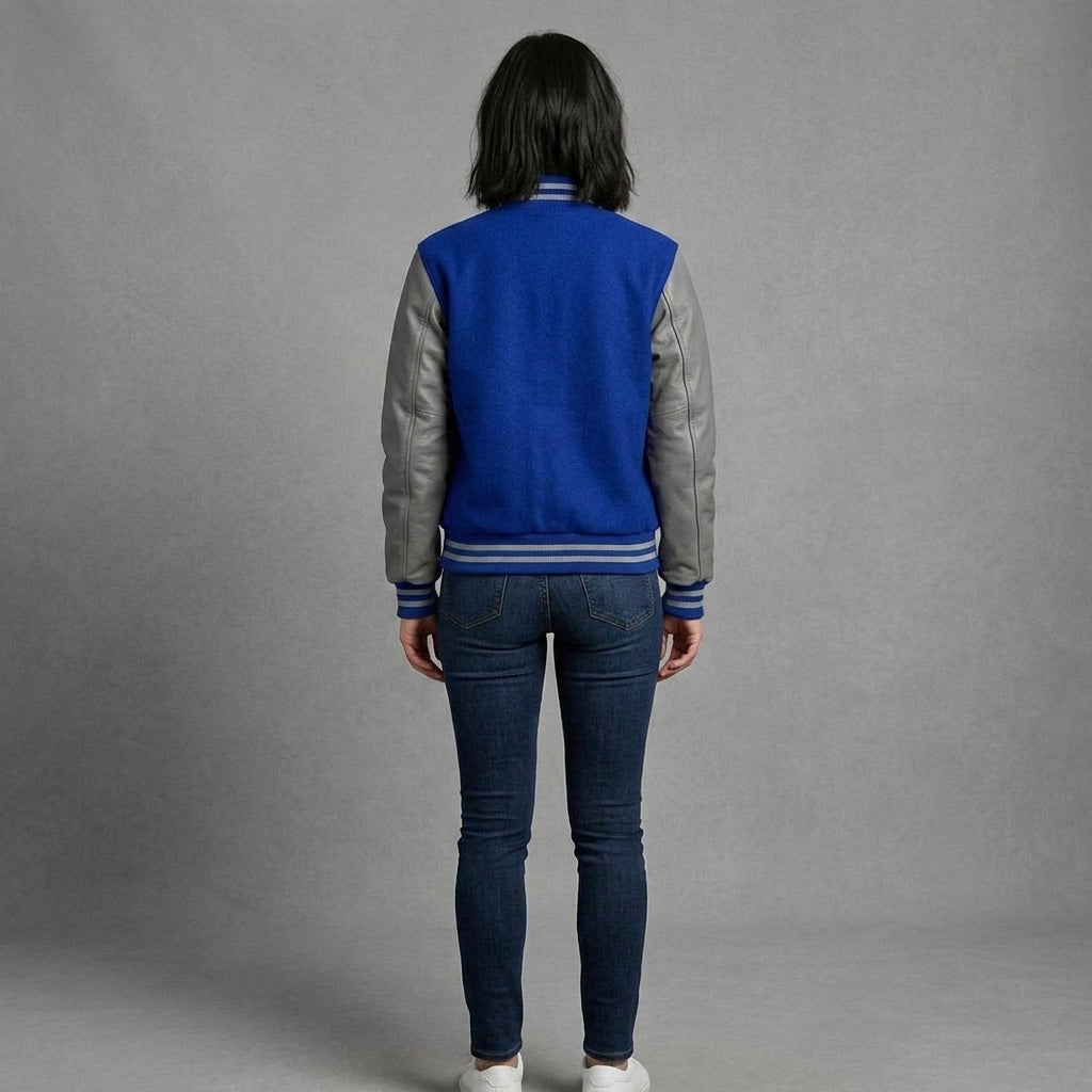 Women's Royal Blue & Grey Leather Varsity Jacket