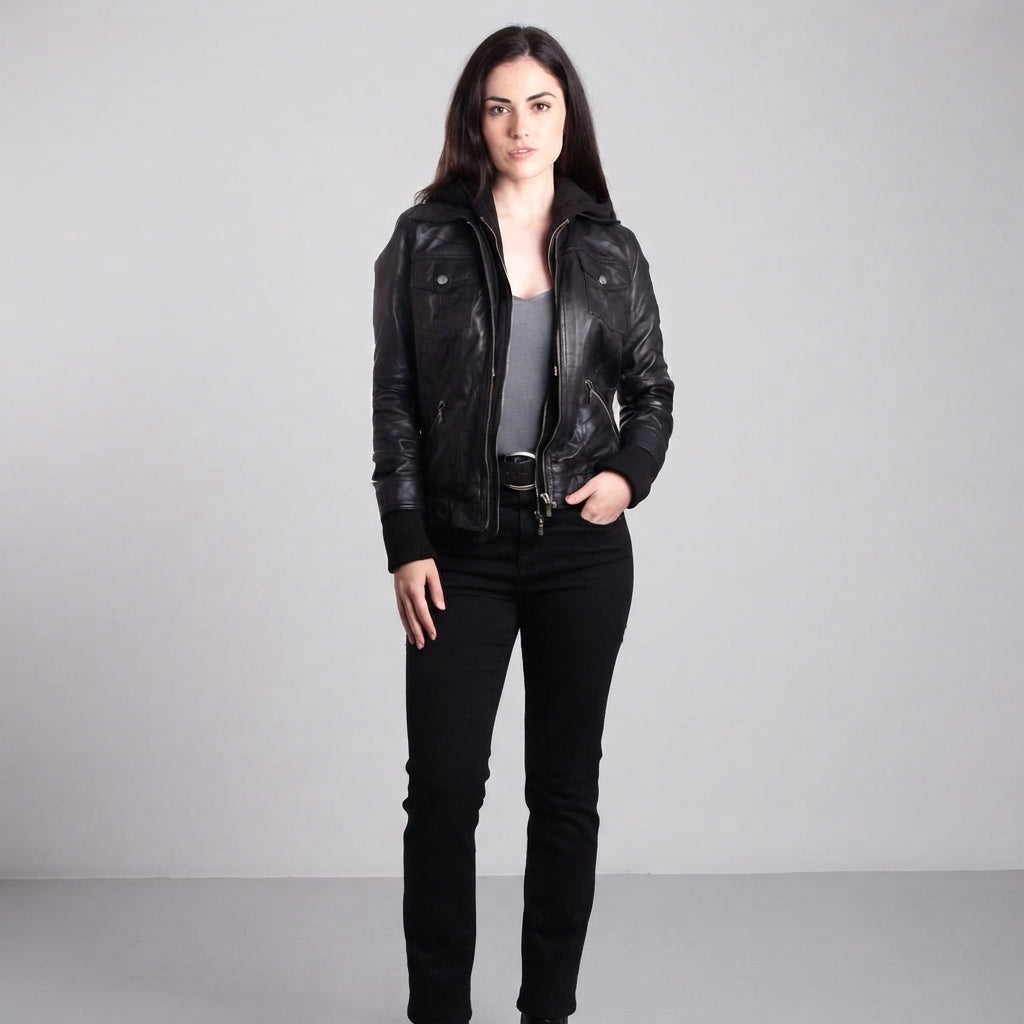 Women's Hooded Moto Leather Jacket