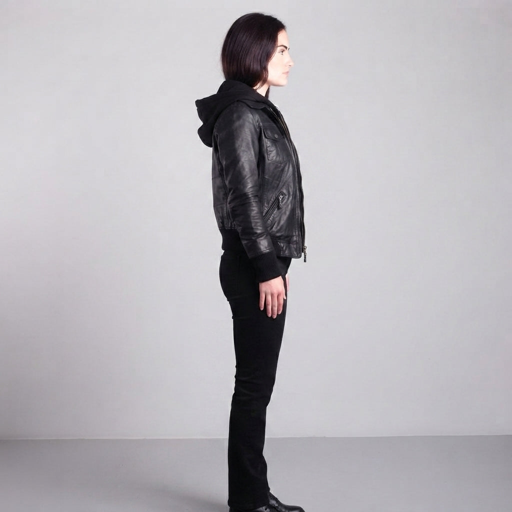 Women's Hooded Moto Leather Jacket