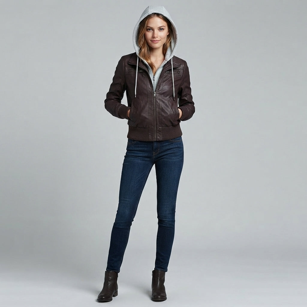 Women's Hooded Leather Bomber Jacket