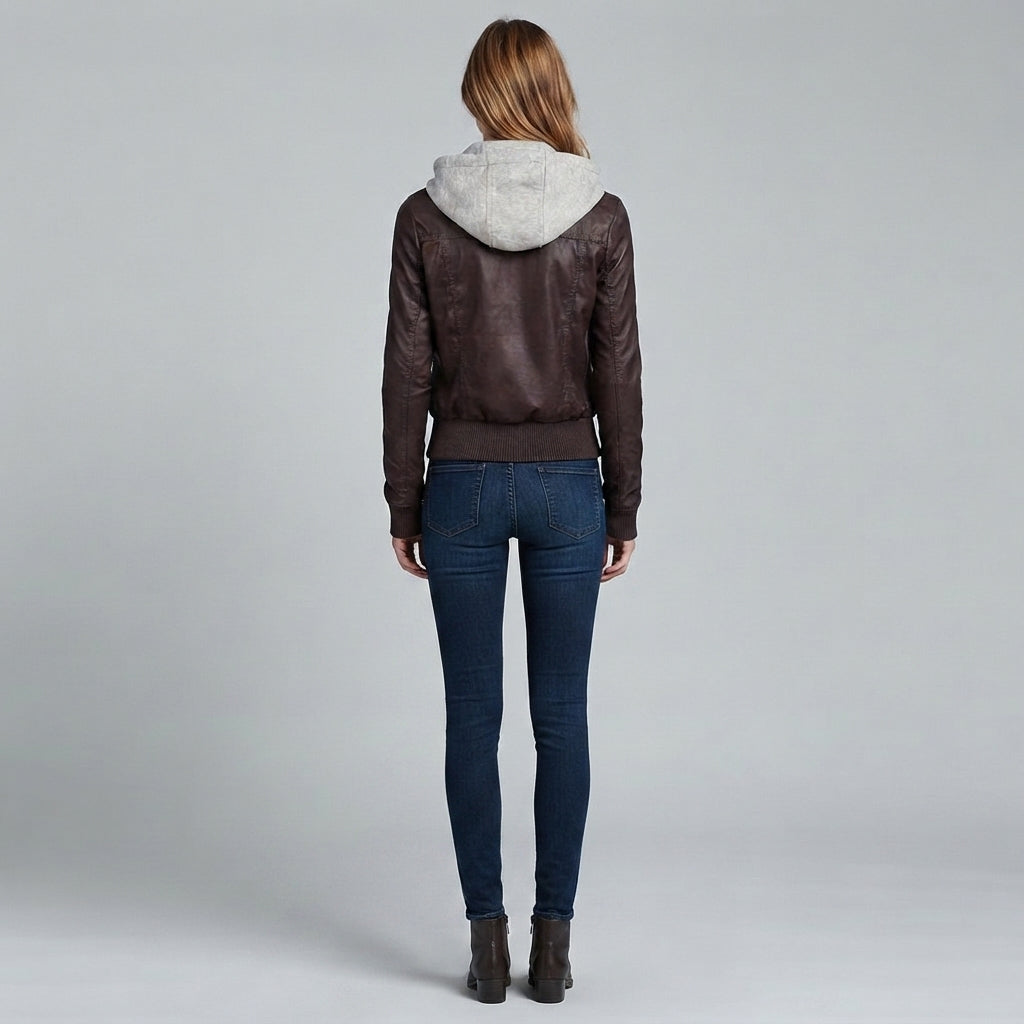 Women's Hooded Leather Bomber Jacket