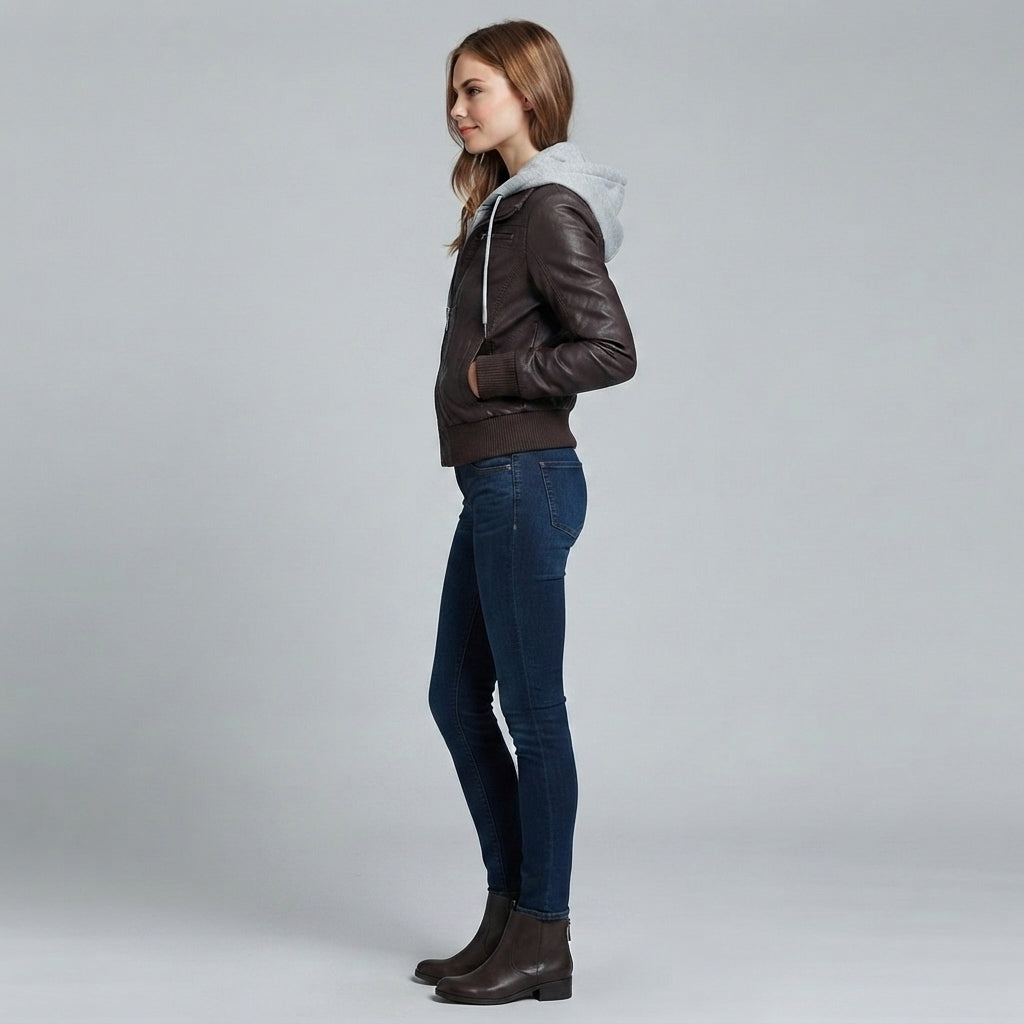 Women's Hooded Leather Bomber Jacket