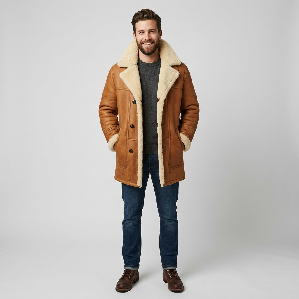 Men's Brown Classic Sheepskin Leather Coat