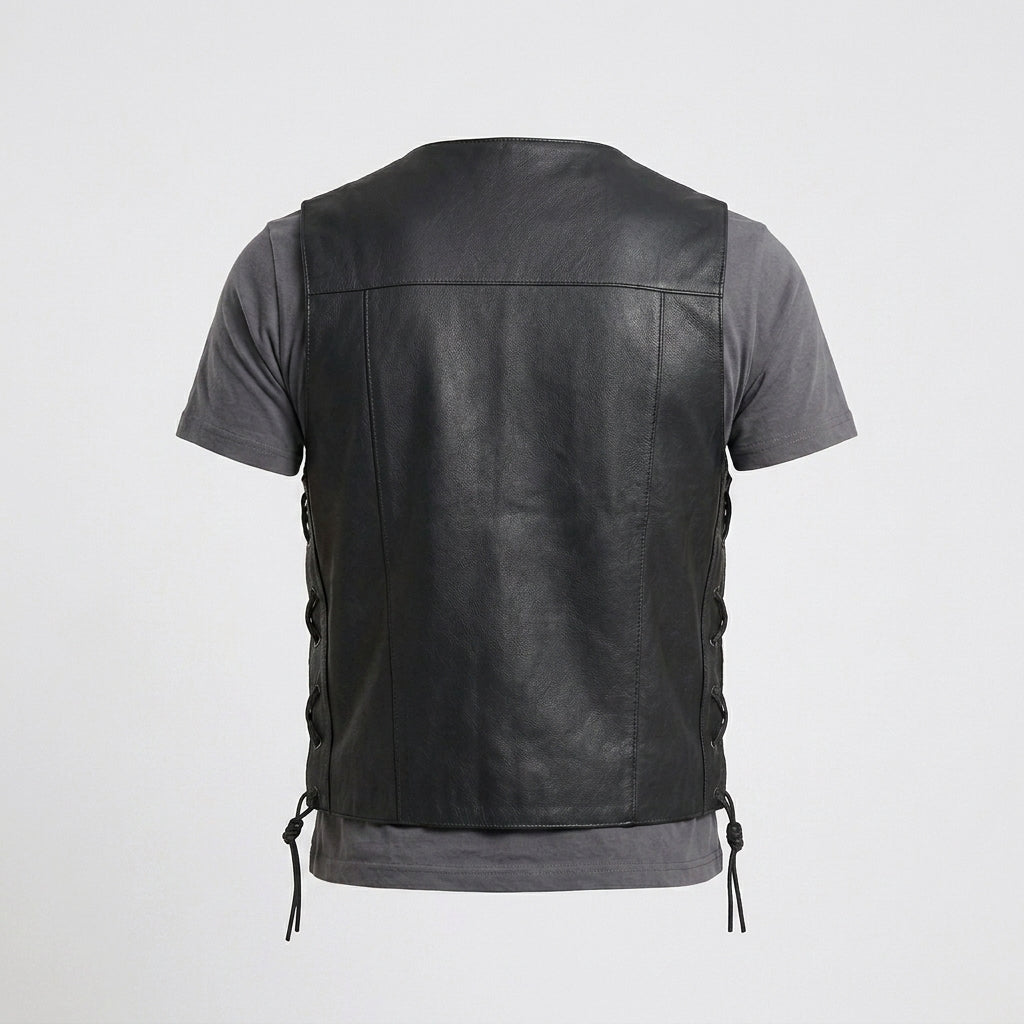 Men's Black Leather Vest Premium Motorcycle Riding Vest