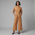 Short-Sleeve Leather Utility Jumpsuit