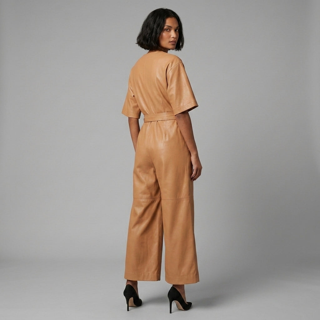 Short-Sleeve Leather Utility Jumpsuit