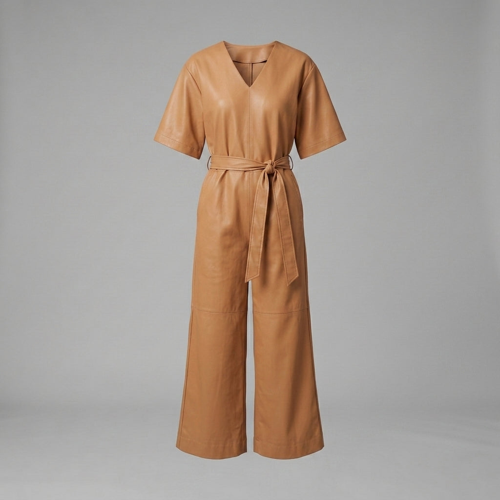 Short-Sleeve Leather Utility Jumpsuit