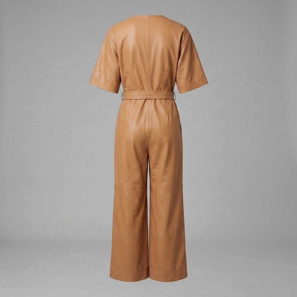 Short-Sleeve Leather Utility Jumpsuit