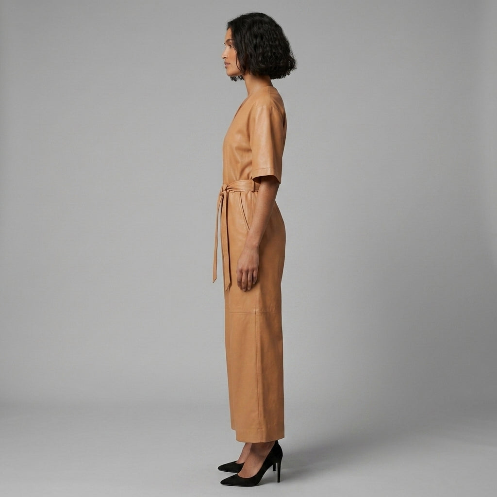 Short-Sleeve Leather Utility Jumpsuit