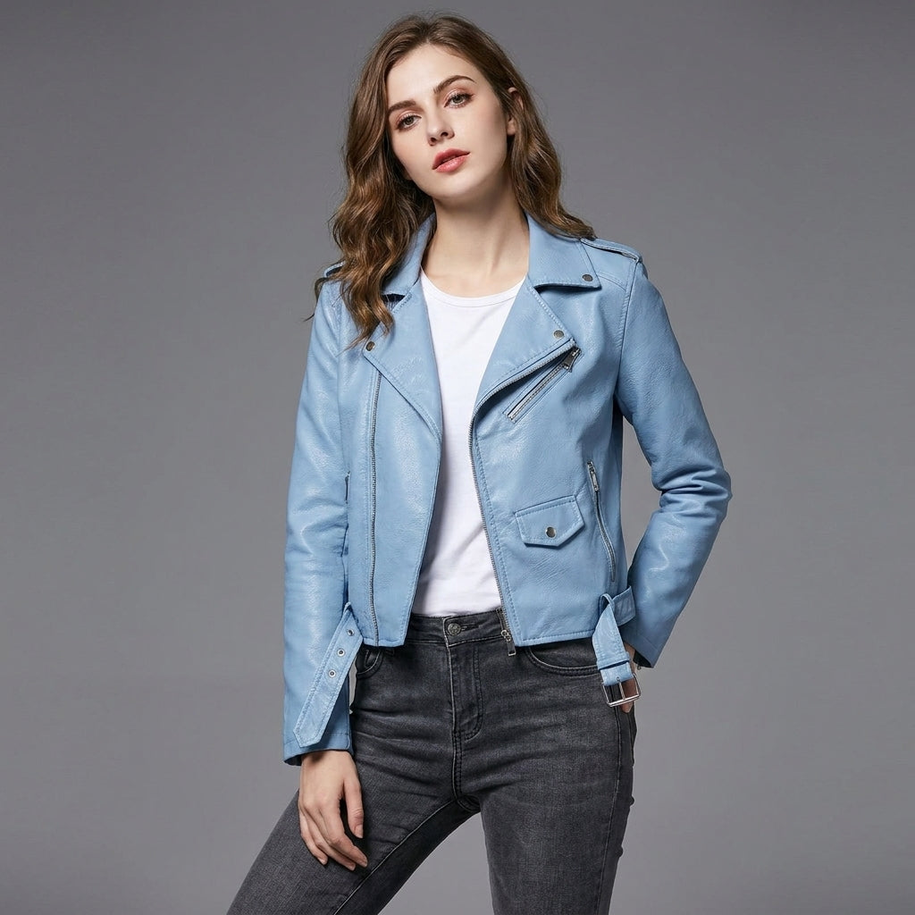 Women's Sky Blue Belted Leather Biker Jacket
