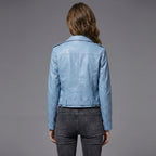 Women's Sky Blue Belted Leather Biker Jacket