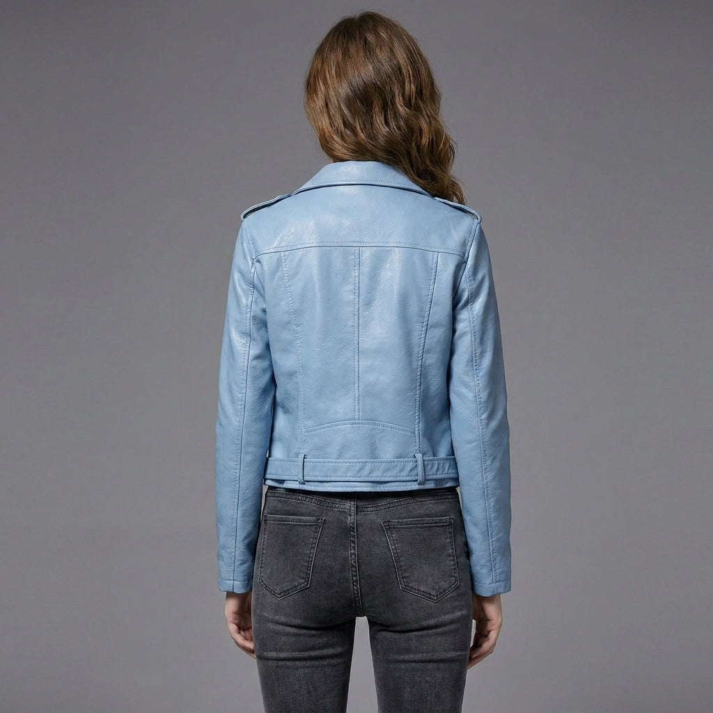 Women's Sky Blue Belted Leather Biker Jacket