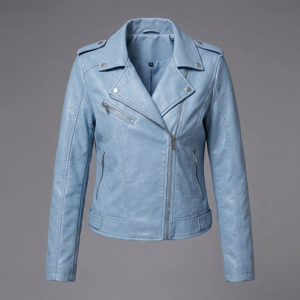 Women's Sky Blue Belted Leather Biker Jacket