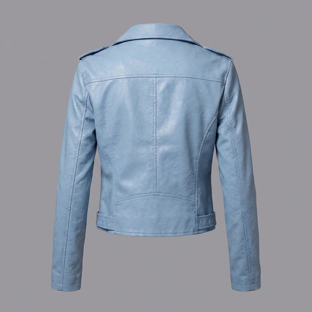 Women's Sky Blue Belted Leather Biker Jacket