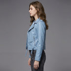 Women's Sky Blue Belted Leather Biker Jacket