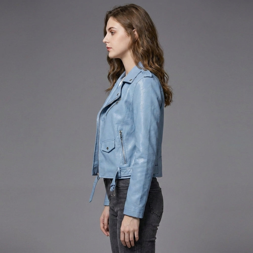 Women's Sky Blue Belted Leather Biker Jacket