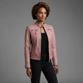 Women's Soft Pink Leather Biker Jacket with Chest Pockets