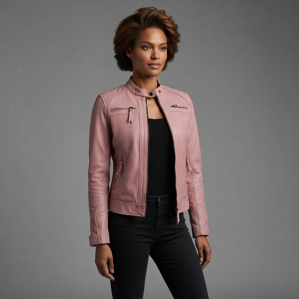 Women's Soft Pink Leather Biker Jacket with Chest Pockets