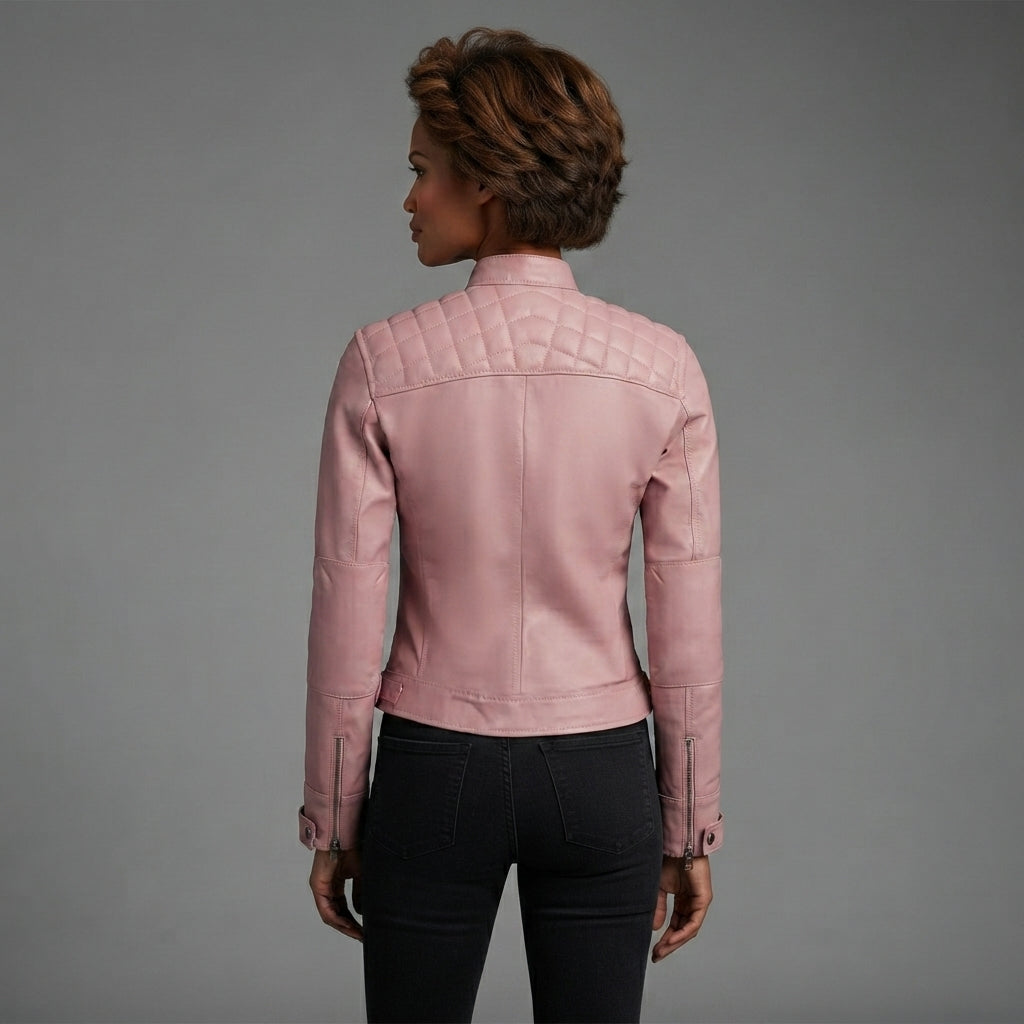 Women's Soft Pink Leather Biker Jacket with Chest Pockets