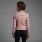 Women's Soft Pink Leather Biker Jacket with Chest Pockets