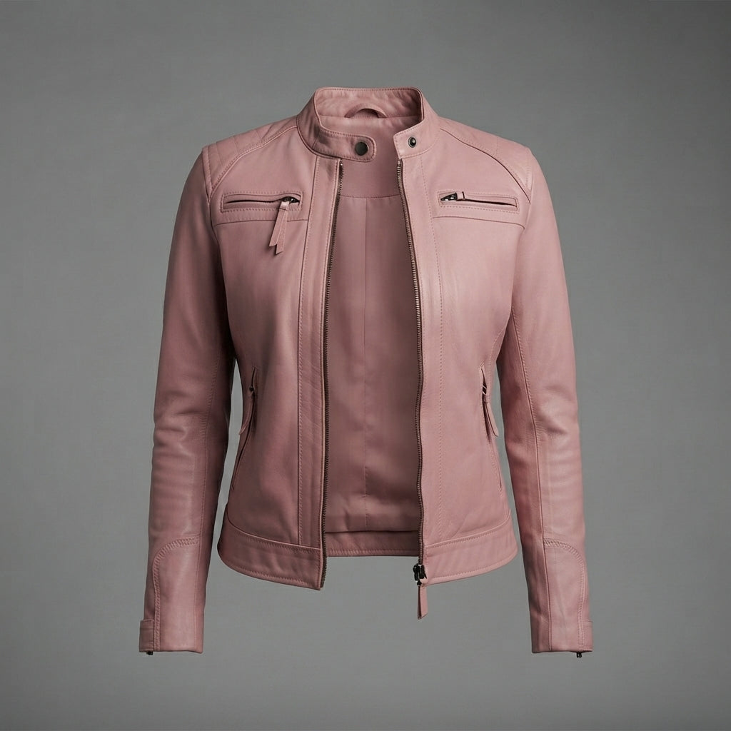 Women's Soft Pink Leather Biker Jacket with Chest Pockets