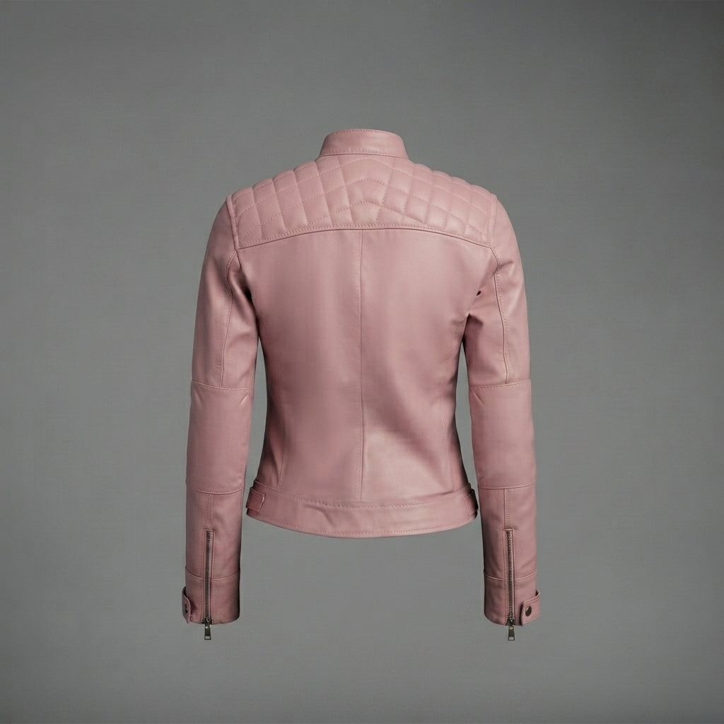 Women's Soft Pink Leather Biker Jacket with Chest Pockets