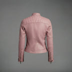 Women's Soft Pink Leather Biker Jacket with Chest Pockets