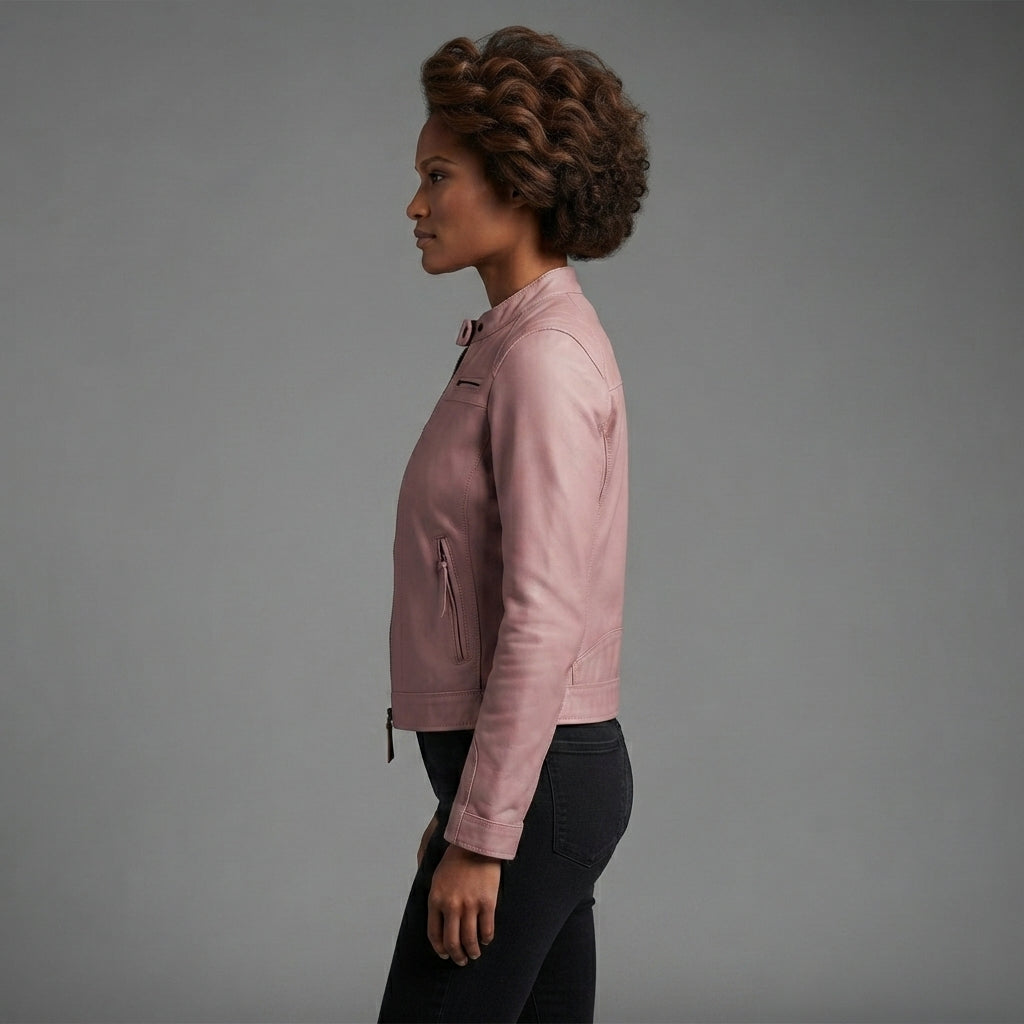 Women's Soft Pink Leather Biker Jacket with Chest Pockets