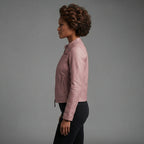 Women's Soft Pink Leather Biker Jacket with Chest Pockets