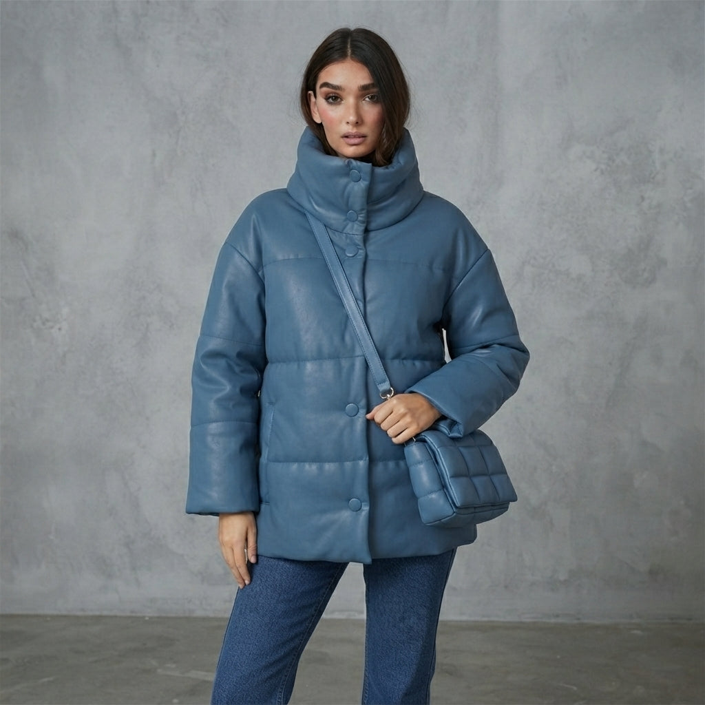 Women's Steel Blue Oversized Leather Puffer Jacket