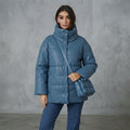 Women's Steel Blue Oversized Leather Puffer Jacket