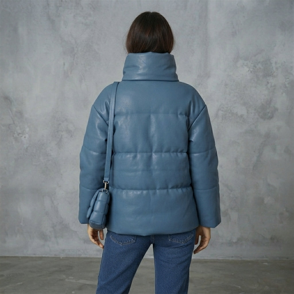 Women's Steel Blue Oversized Leather Puffer Jacket