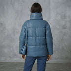 Women's Steel Blue Oversized Leather Puffer Jacket