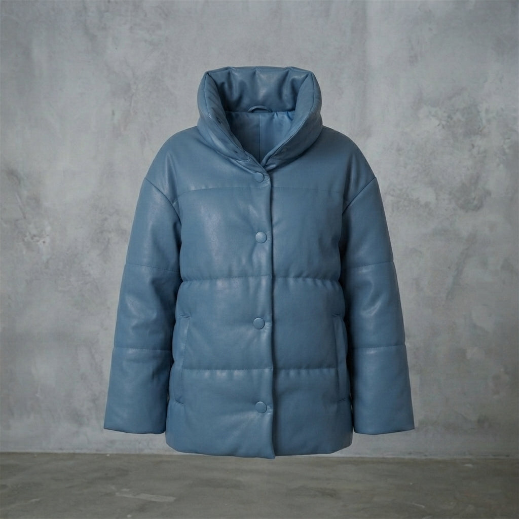 Women's Steel Blue Oversized Leather Puffer Jacket