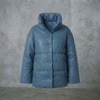 Women's Steel Blue Oversized Leather Puffer Jacket