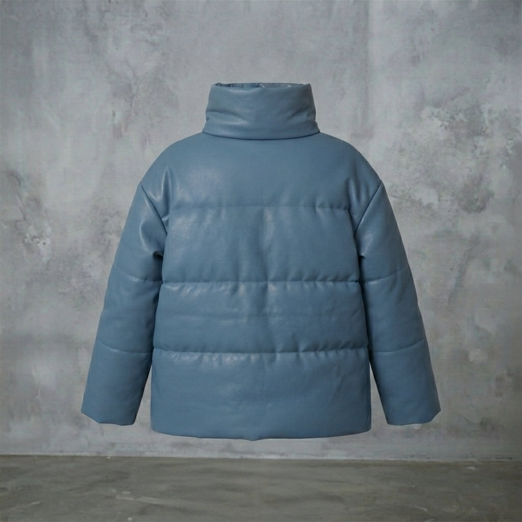 Women's Steel Blue Oversized Leather Puffer Jacket